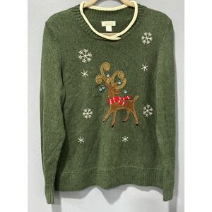 Christopher & Banks Christmas Reindeer Sweater Women's Green Knit Pullover XL